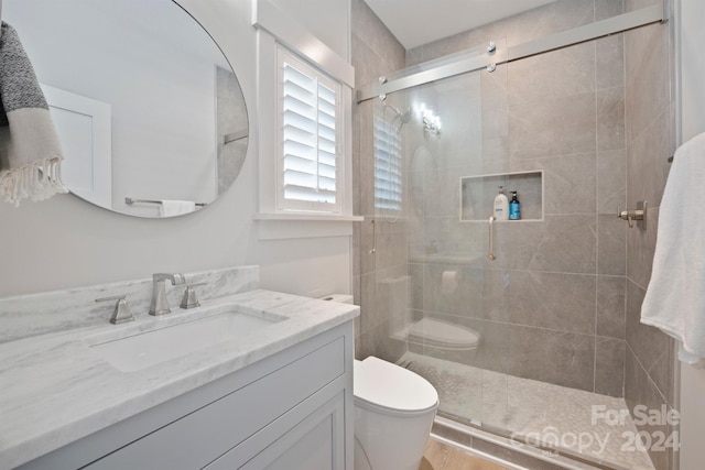 bathroom with vanity, a shower with shower door, and toilet