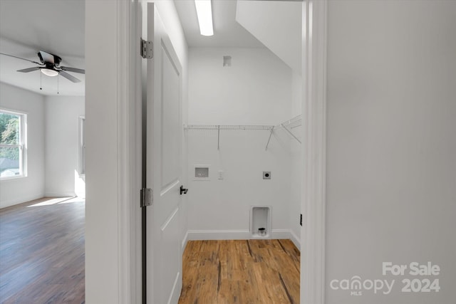 washroom featuring hookup for an electric dryer, wood-type flooring, hookup for a washing machine, and ceiling fan