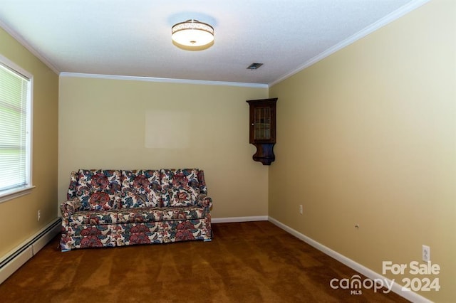 unfurnished room featuring dark colored carpet, crown molding, and a baseboard radiator