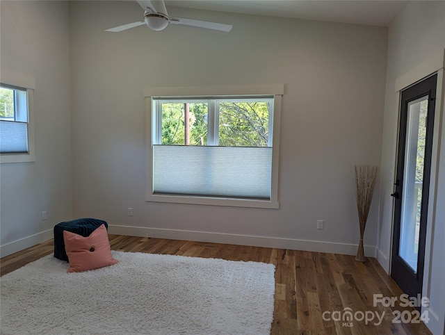 unfurnished room with wood-type flooring, a wealth of natural light, and ceiling fan