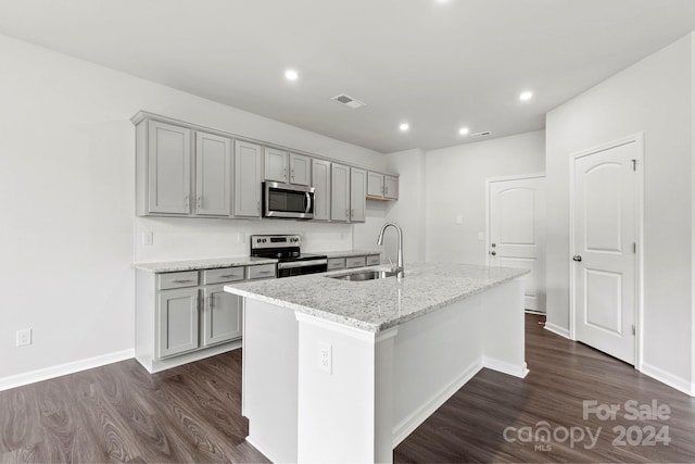 kitchen featuring sink, light stone counters, dark hardwood / wood-style flooring, an island with sink, and appliances with stainless steel finishes