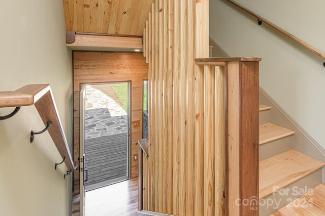 stairway with wood-type flooring and wooden walls