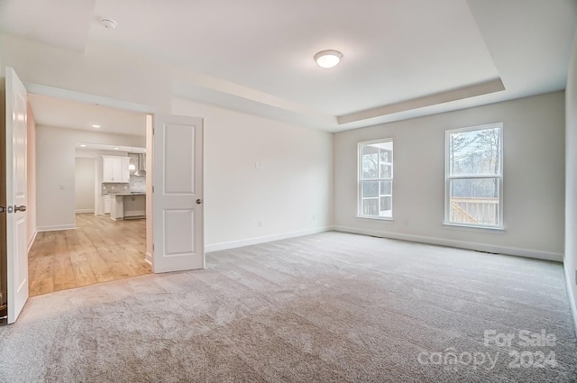 carpeted empty room with a raised ceiling