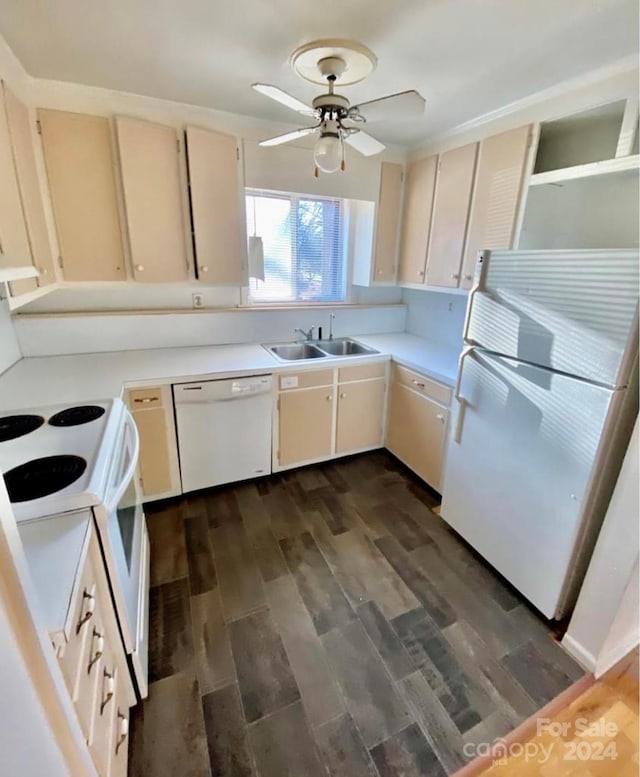 kitchen with white appliances, dark wood-type flooring, sink, ceiling fan, and cream cabinetry