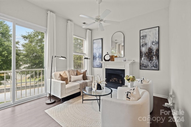 living room featuring ceiling fan and hardwood / wood-style flooring