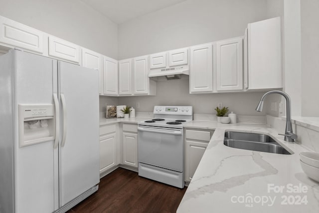 kitchen featuring light stone counters, dark hardwood / wood-style flooring, white appliances, and sink