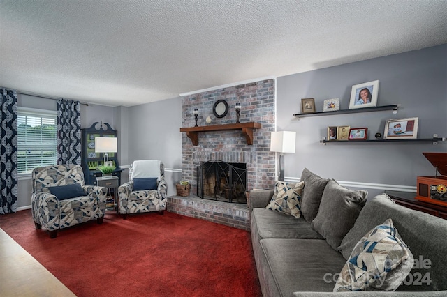 carpeted living room with a brick fireplace and a textured ceiling