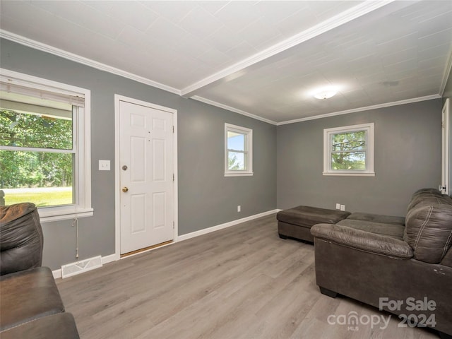 living room with plenty of natural light, light hardwood / wood-style floors, and crown molding