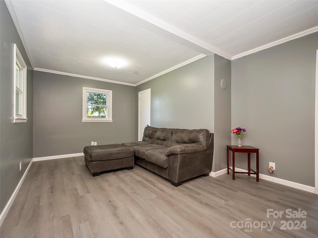 living room featuring ornamental molding and light wood-type flooring