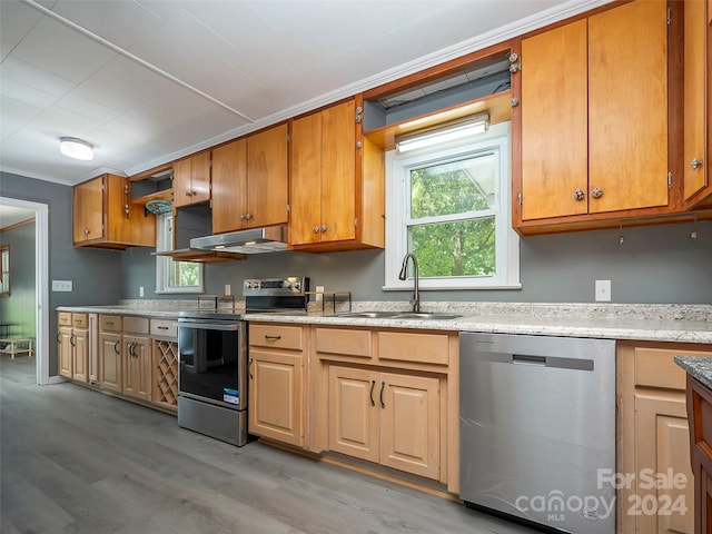 kitchen with wood-type flooring, stainless steel appliances, ornamental molding, and sink