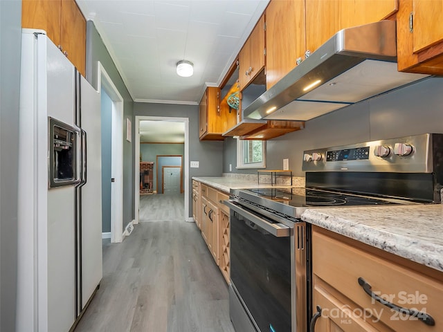 kitchen featuring light stone countertops, white fridge with ice dispenser, light hardwood / wood-style flooring, ventilation hood, and stainless steel range with electric cooktop