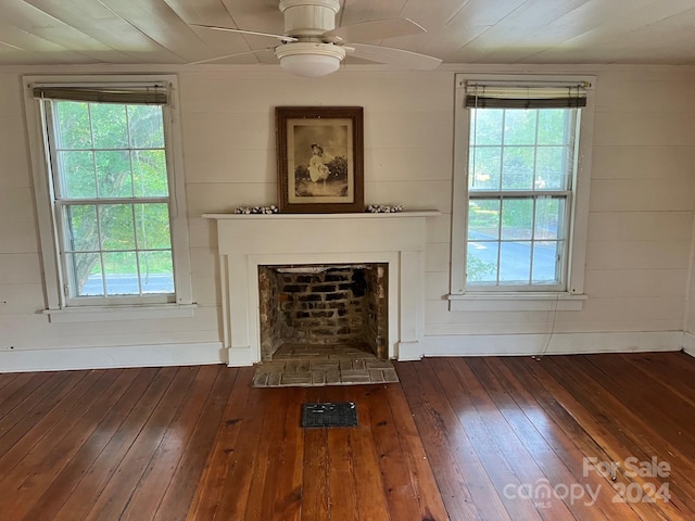 unfurnished living room featuring a wealth of natural light, dark hardwood / wood-style flooring, and wood walls