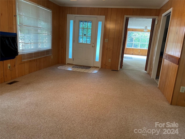 carpeted foyer featuring ornamental molding and wooden walls