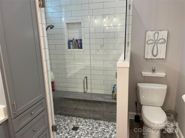 bathroom featuring baseboards, a shower stall, and toilet