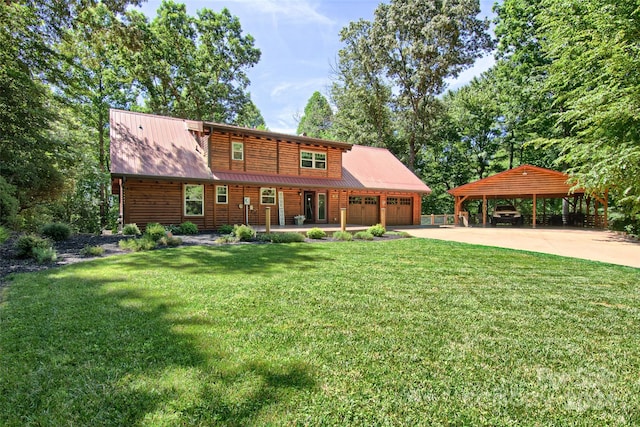 view of front of property featuring covered porch, a garage, and a front yard