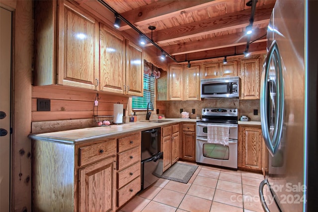 kitchen featuring sink, light tile patterned floors, decorative light fixtures, wood ceiling, and stainless steel appliances