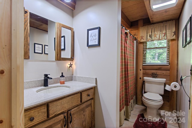 bathroom featuring tile patterned floors, vanity, toilet, and wooden ceiling