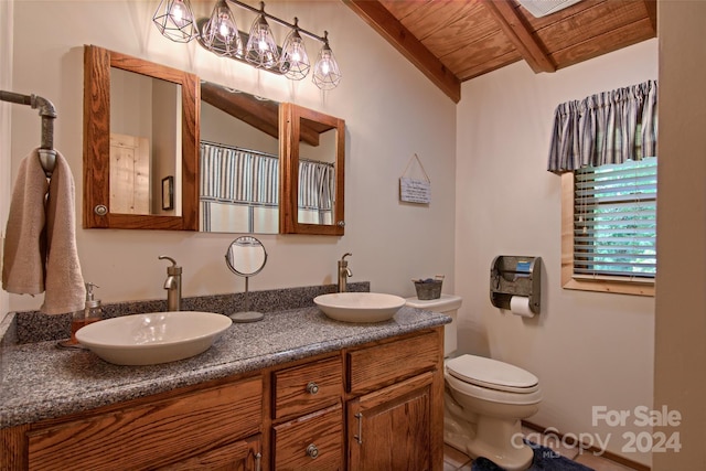 bathroom featuring lofted ceiling with beams, toilet, wooden ceiling, and vanity