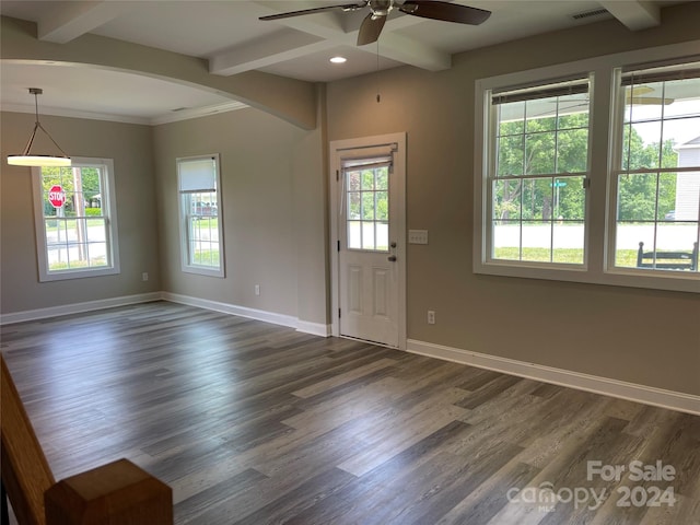 foyer entrance with dark hardwood / wood-style floors, beam ceiling, and ceiling fan