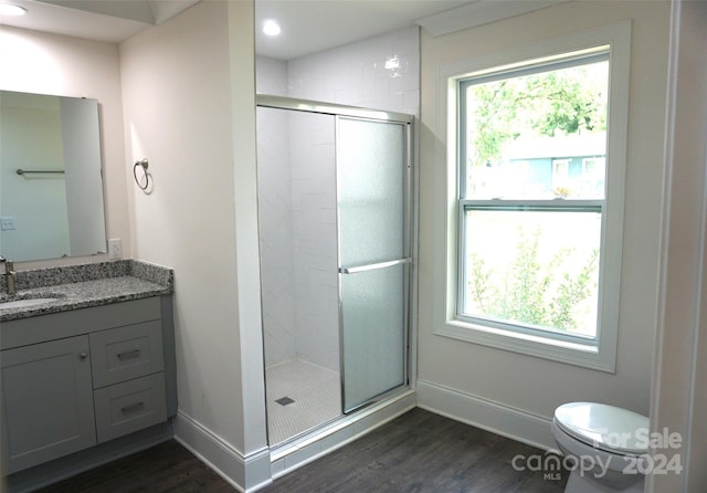 bathroom with toilet, a healthy amount of sunlight, and a shower with shower door