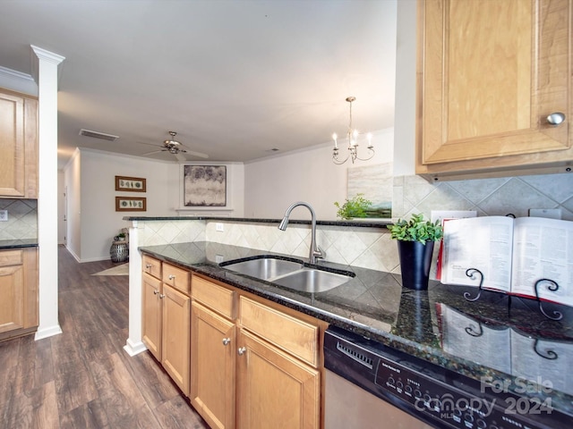 kitchen featuring pendant lighting, dishwasher, dark wood-type flooring, ceiling fan with notable chandelier, and sink