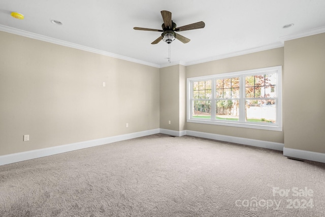 carpeted spare room featuring ceiling fan and ornamental molding