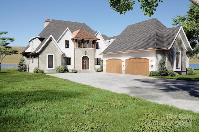 view of front of property featuring a front yard, a garage, and a balcony