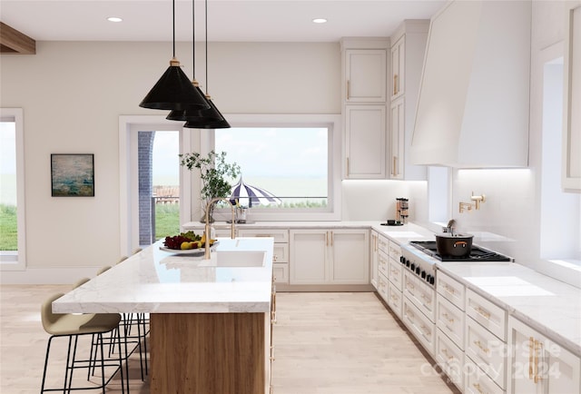 kitchen with white cabinetry, light wood-type flooring, sink, custom exhaust hood, and a kitchen breakfast bar