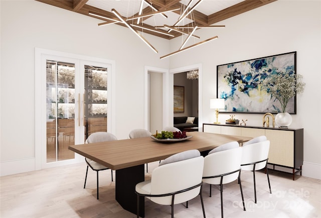 dining room with french doors, light hardwood / wood-style floors, coffered ceiling, beamed ceiling, and a chandelier