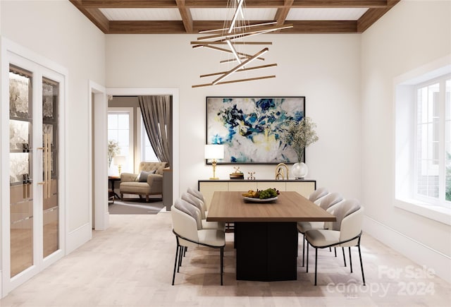 dining room with beam ceiling and wooden ceiling