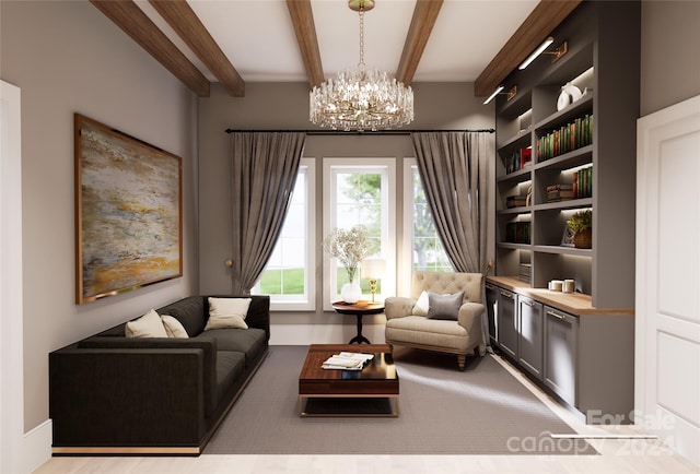 living room with beam ceiling and a notable chandelier