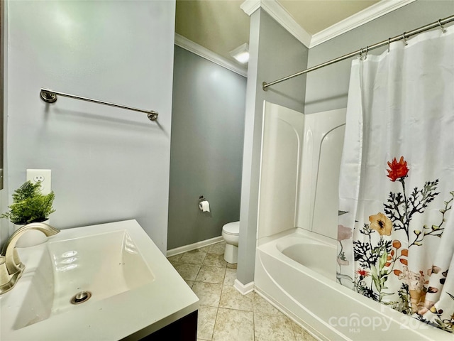 full bathroom with tile patterned floors, vanity, toilet, and crown molding