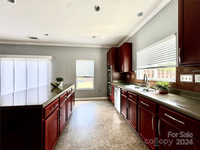 kitchen with appliances with stainless steel finishes, backsplash, ornamental molding, and sink