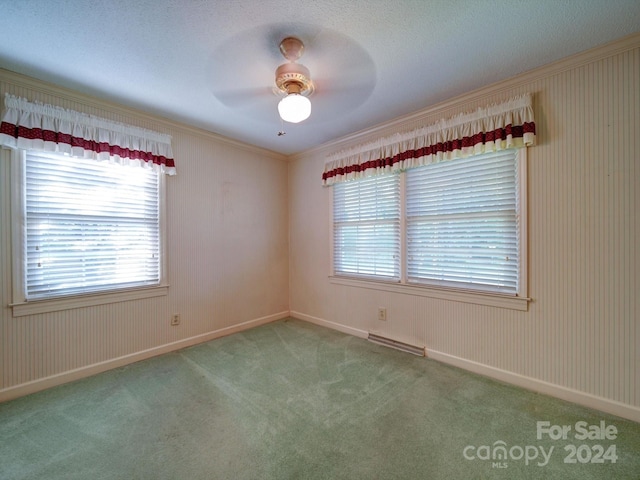 carpeted spare room with ceiling fan and ornamental molding