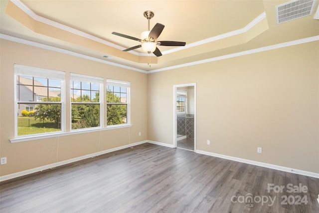 empty room featuring a raised ceiling and ornamental molding