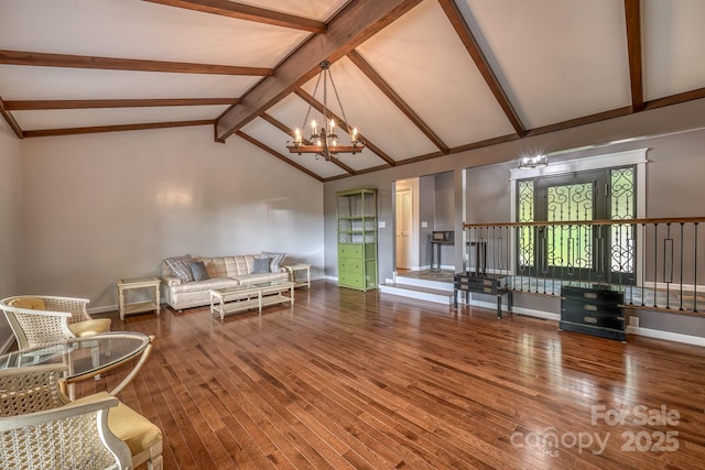 living room featuring an inviting chandelier, hardwood / wood-style floors, high vaulted ceiling, and beamed ceiling