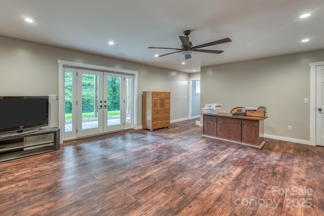 interior space featuring french doors, ceiling fan, and dark hardwood / wood-style floors