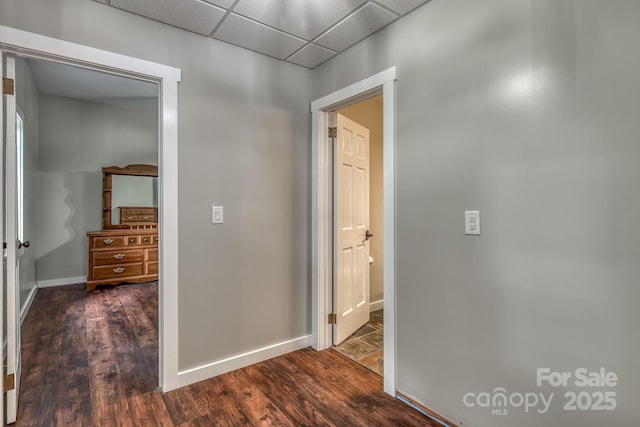 hallway featuring dark hardwood / wood-style flooring and a drop ceiling