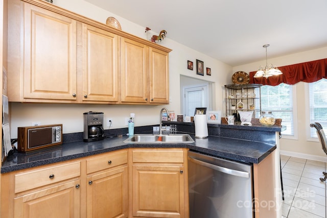 kitchen featuring sink, stainless steel dishwasher, light tile patterned floors, a notable chandelier, and kitchen peninsula