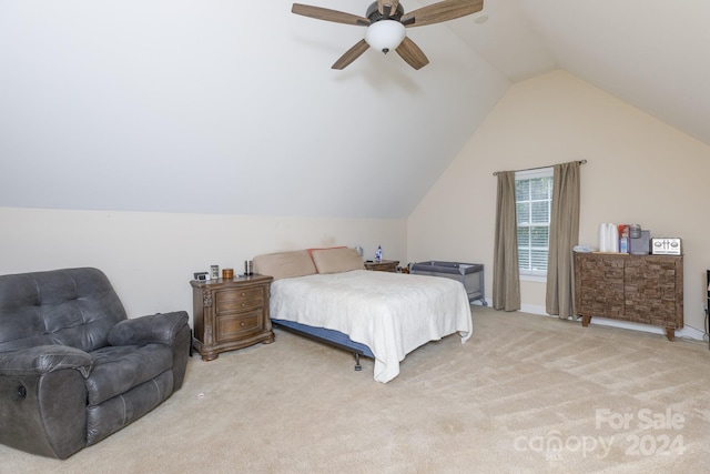 bedroom featuring carpet flooring, ceiling fan, and vaulted ceiling