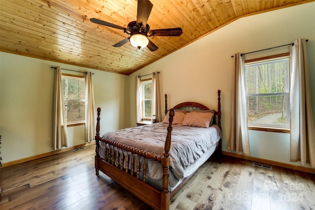 bedroom featuring ceiling fan, wood-type flooring, wood ceiling, and vaulted ceiling