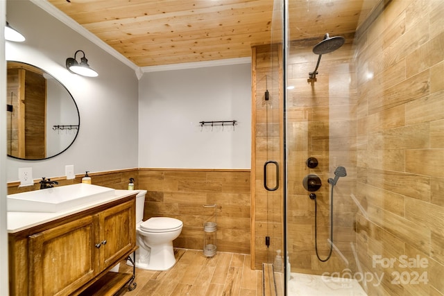 bathroom with vanity, toilet, ornamental molding, an enclosed shower, and wood ceiling