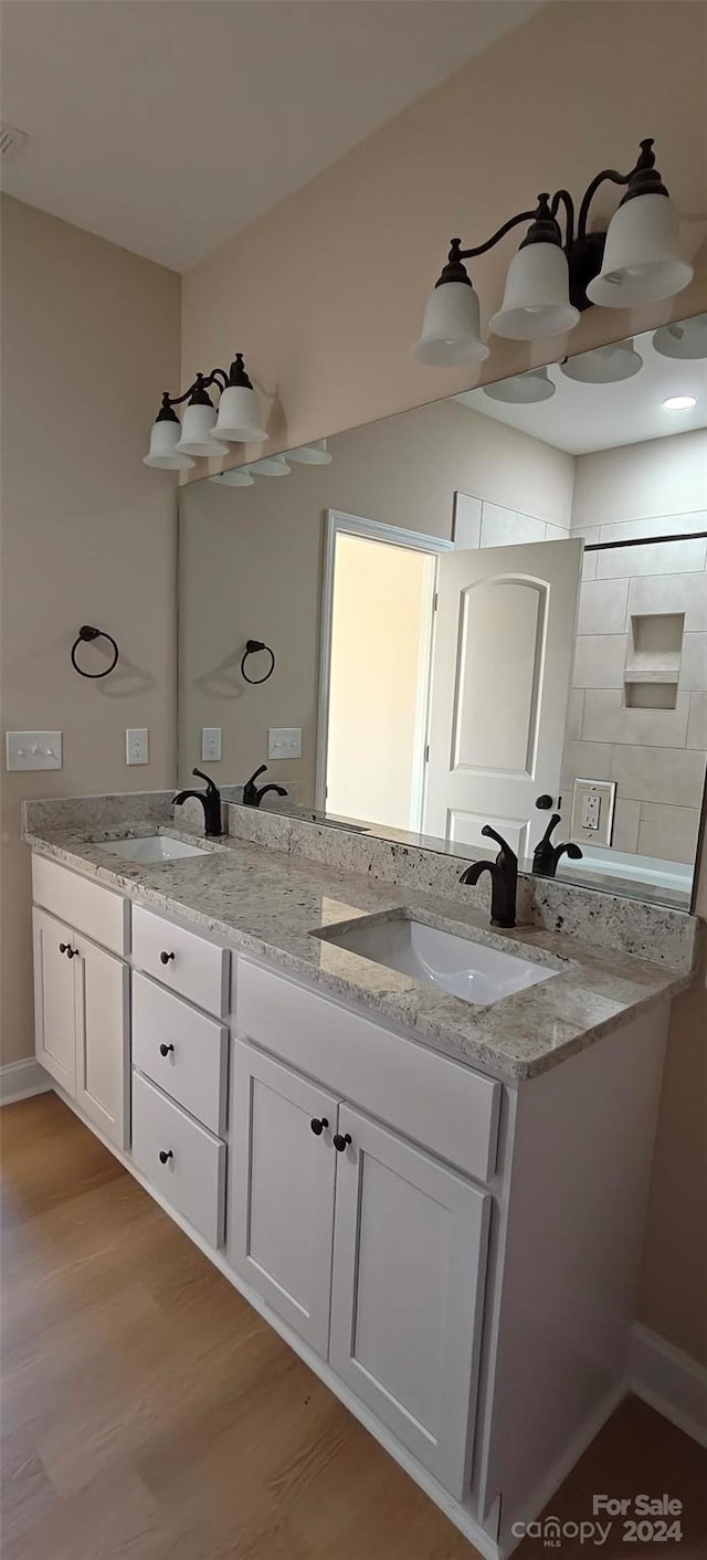 bathroom with vanity and hardwood / wood-style flooring