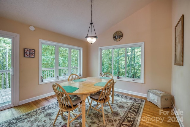 dining room featuring a textured ceiling, plenty of natural light, lofted ceiling, and hardwood / wood-style flooring