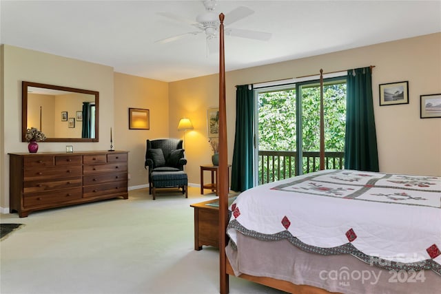 carpeted bedroom featuring ceiling fan and access to outside