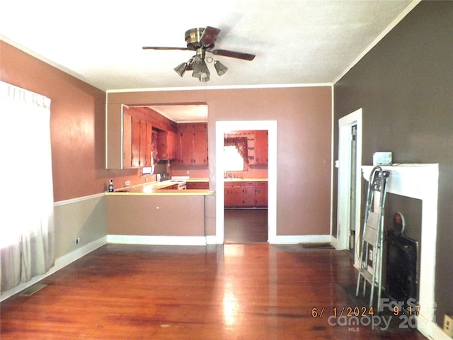 kitchen with a wealth of natural light, dark wood-type flooring, ceiling fan, and ornamental molding