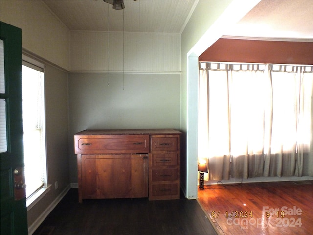 interior space featuring dark hardwood / wood-style flooring and ceiling fan