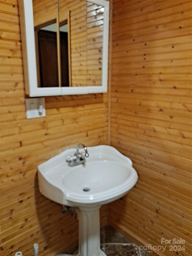 bathroom with wooden walls and sink