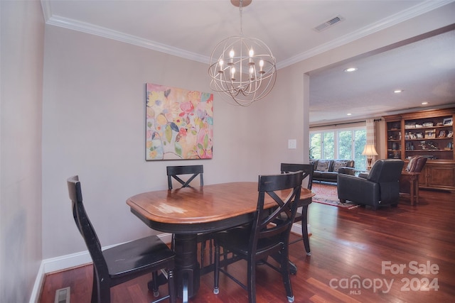 dining space featuring dark wood-type flooring, a notable chandelier, and ornamental molding