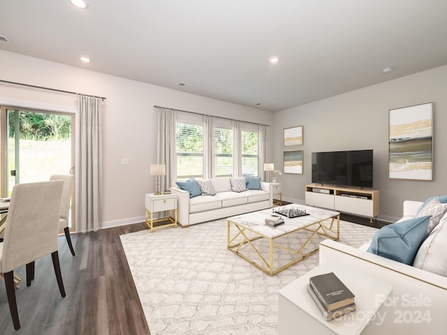 living room with plenty of natural light and wood-type flooring